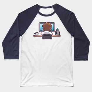 Cute Man Working On Computer With Coffee Cartoon Baseball T-Shirt